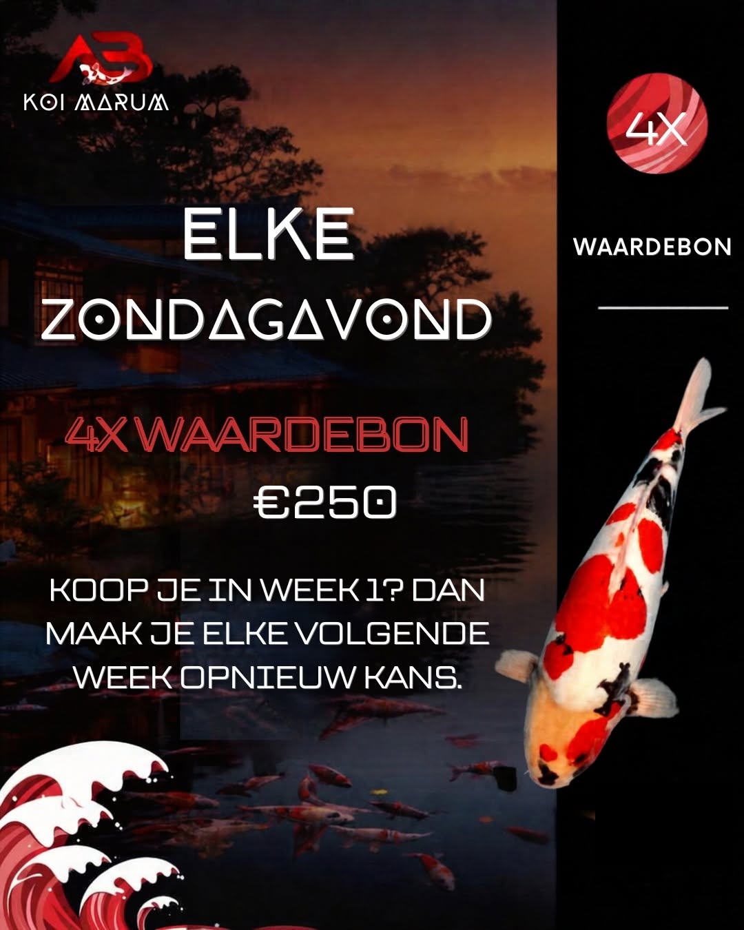 Iedere zondagavond een waardebon van € 250 onder koikopers